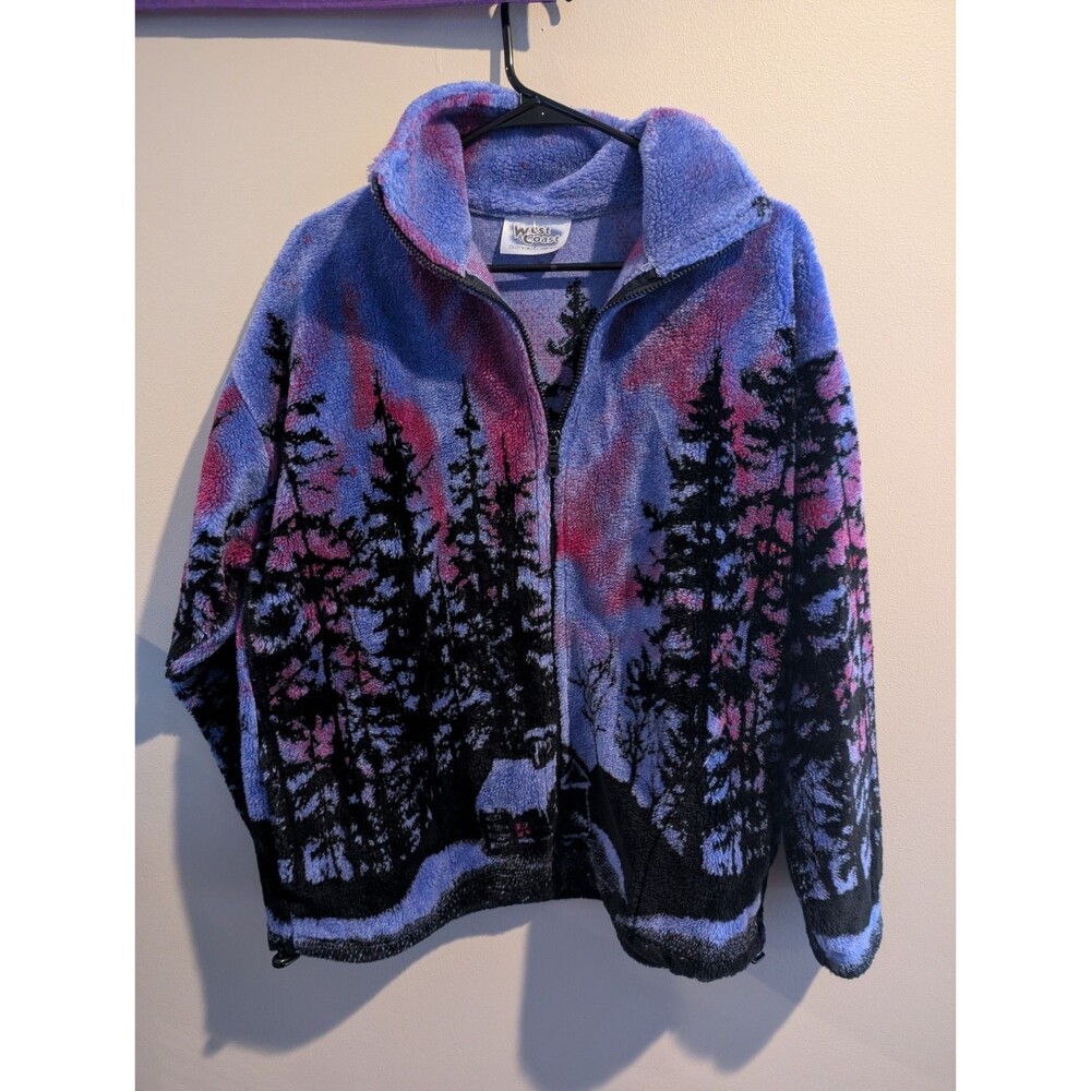 Vintage 90s Large Forest Northern Lights Fleece Jacket Adult Full Zip Nature USA